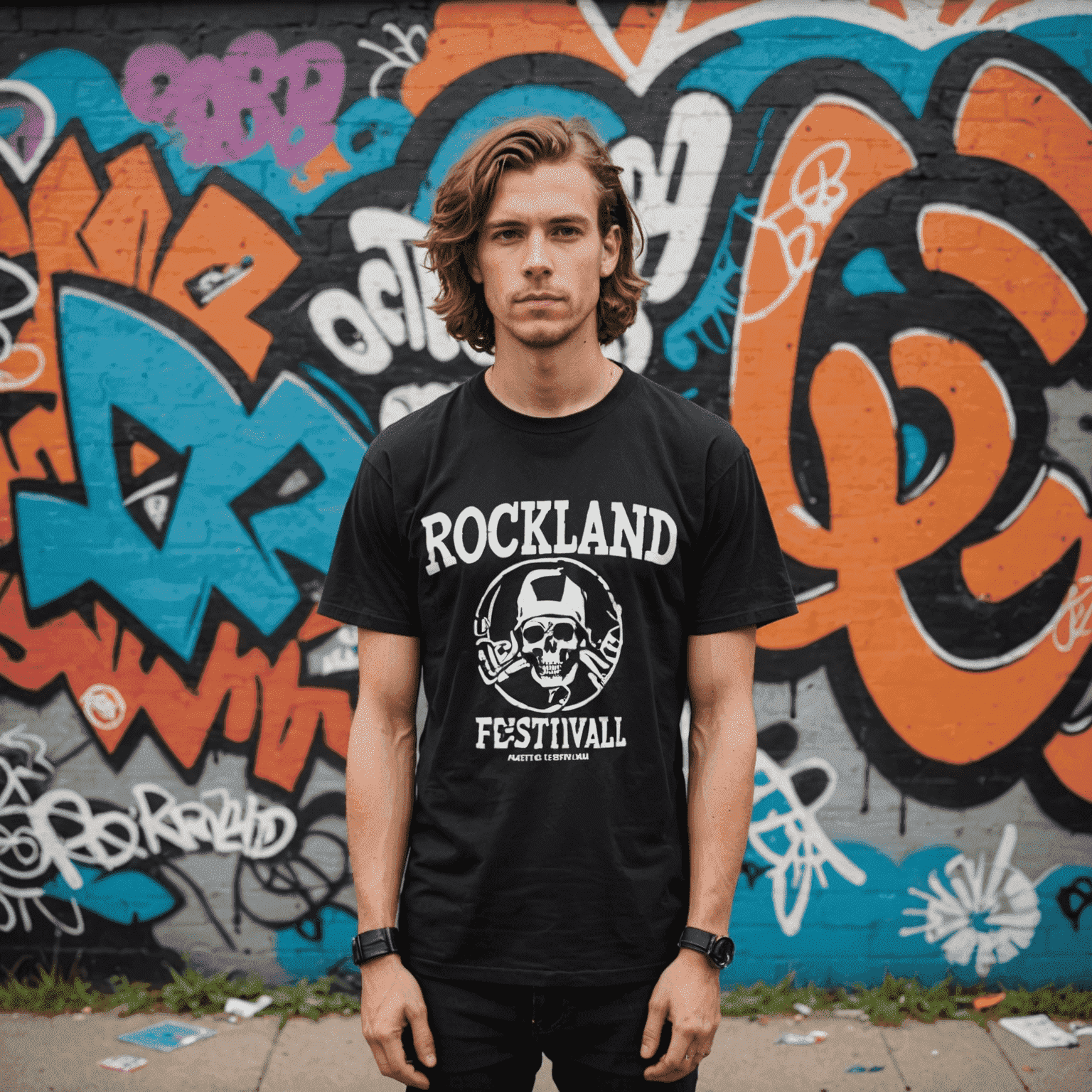 A portrait of the author, a young American music journalist with an edgy style, wearing a band t-shirt and holding a notebook, standing in front of a graffiti-covered wall at the RockLand Festival grounds