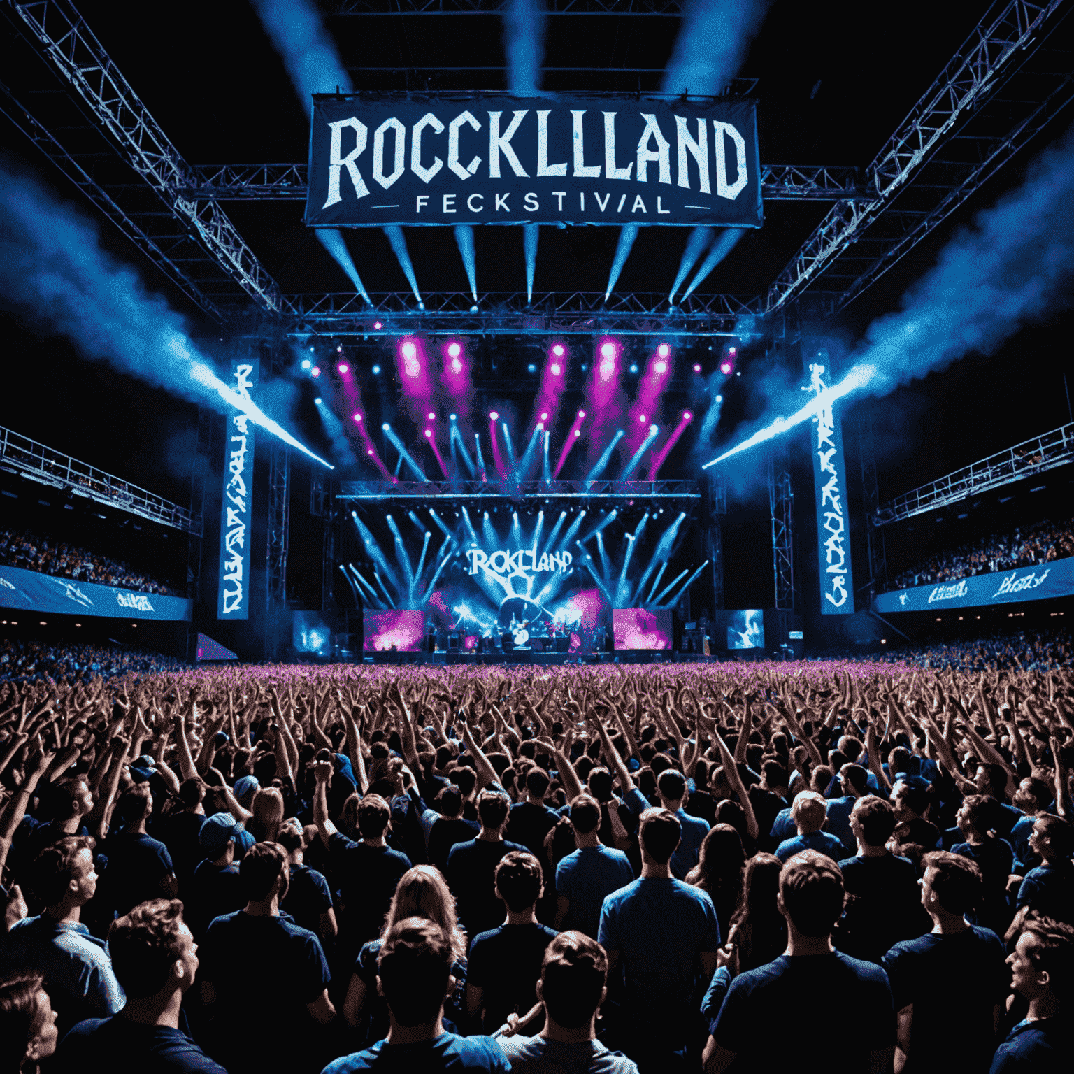 A crowded concert venue with electric blue lighting, showing excited fans in front of a massive stage with pyrotechnics and a rock band performing. The RockLand Festival logo is visible on banners.