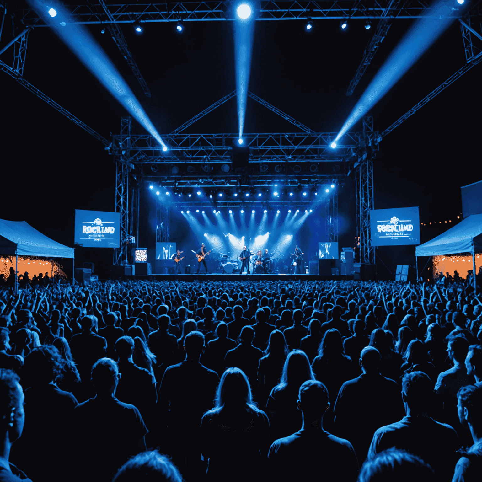 A crowded concert venue with electric blue lighting, showing the main stage of RockLand Festival with a band performing and the audience cheering