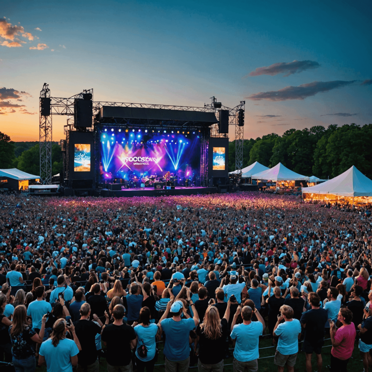 Panoramic view of RockLand Festival main stage with a massive crowd, colorful lights, and a band performing. The energy is palpable with fans raising their hands and singing along.