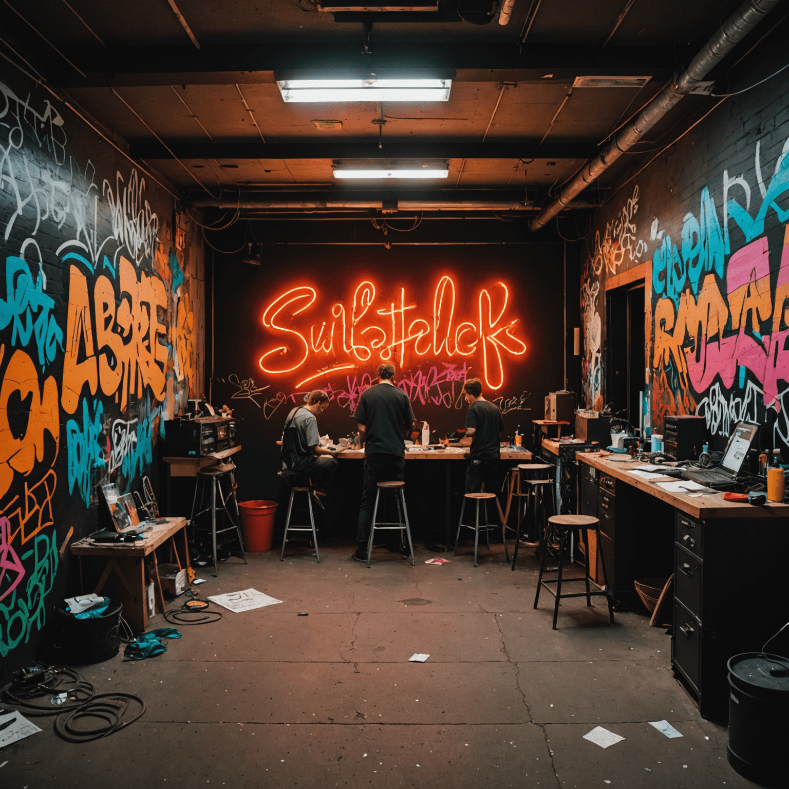 Backstage area with neon signs and graffiti-covered walls, showing a mix of artists and crew members preparing for performances