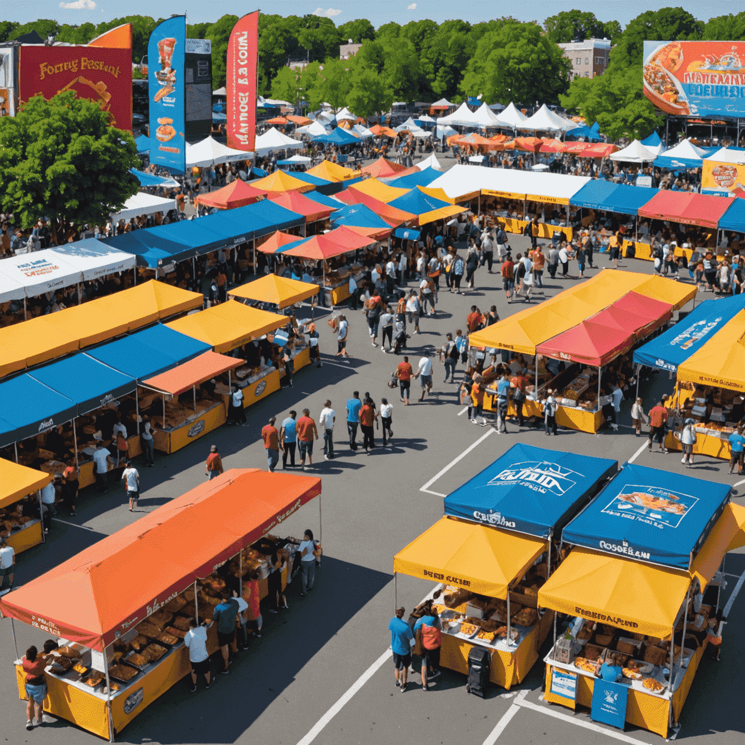 A vibrant food court at RockLand Festival with various food stalls, colorful banners, and festival-goers enjoying diverse cuisines