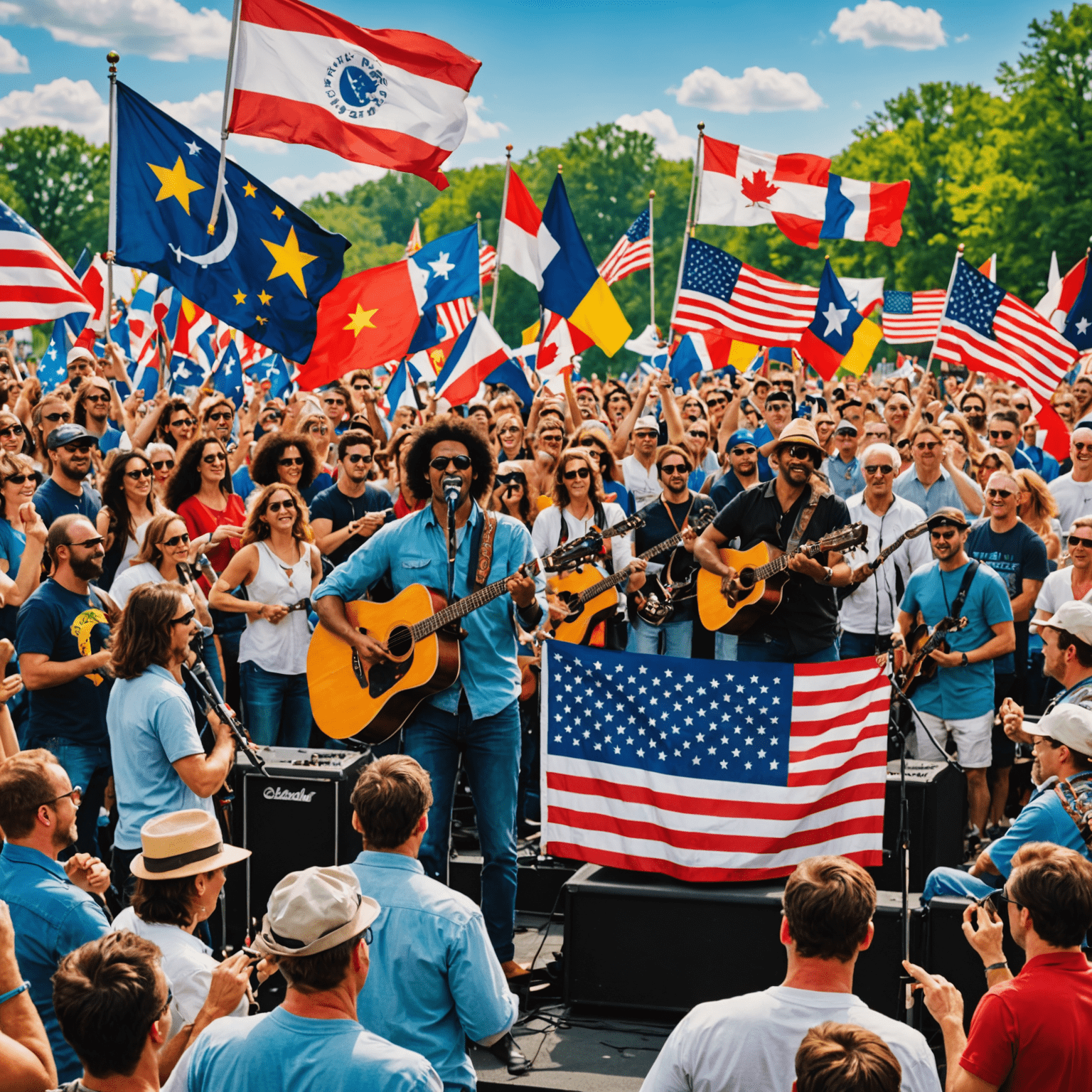 A vibrant collage of international musicians performing on the RockLand main stage, with flags from various countries waving in the background and an enthusiastic American crowd in the foreground