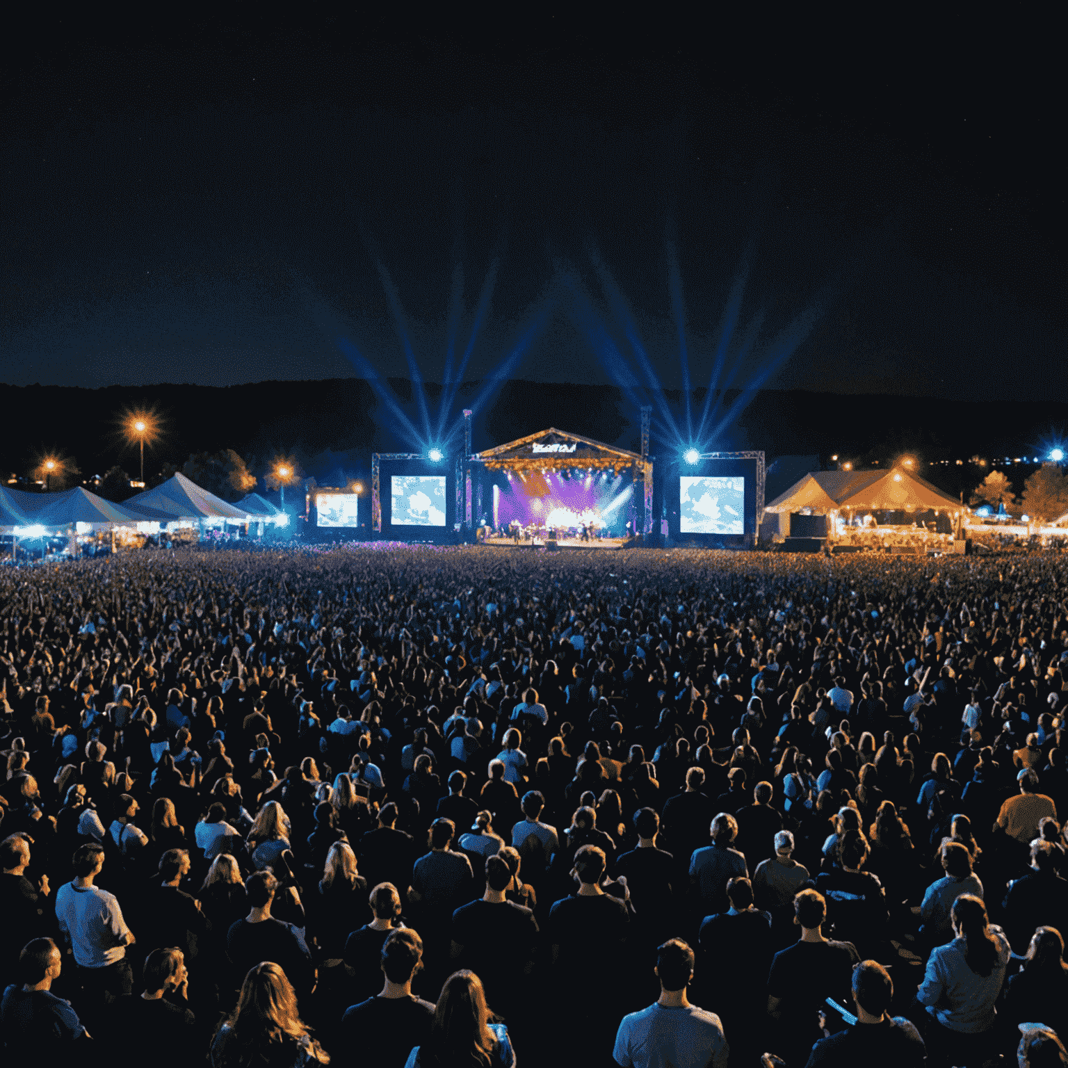 Panoramic view of RockLand Festival main stage at night, with a sea of fans, colorful lights, and a band performing