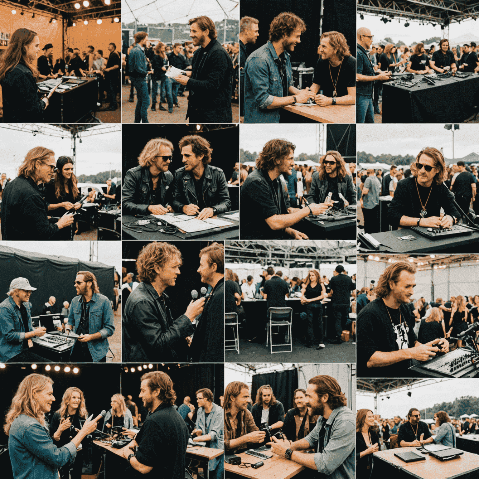 A collage of candid backstage photos showing various rock stars being interviewed. Equipment cases and festival passes are visible in the background.