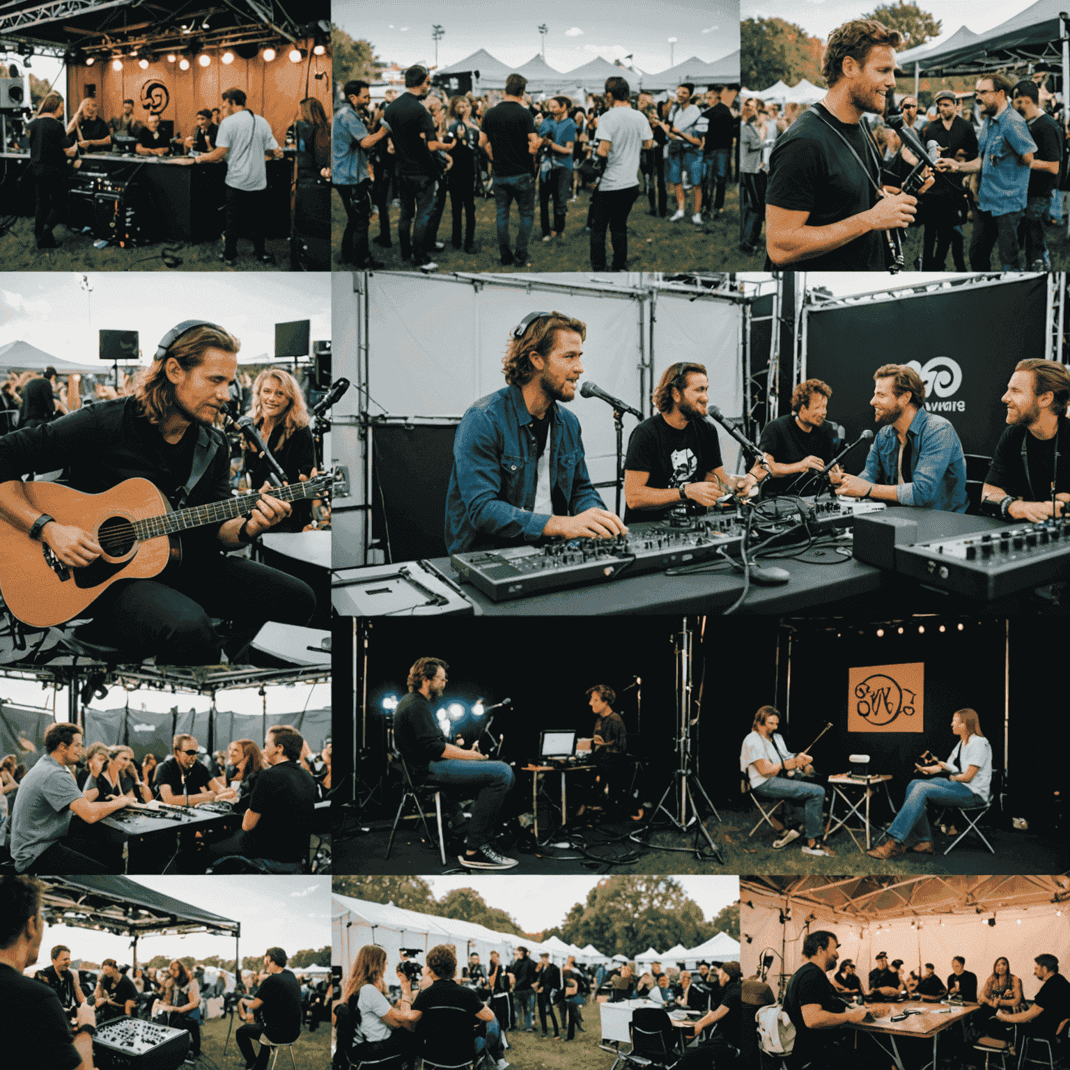 A collage of backstage scenes, showing musicians being interviewed, with equipment and festival logos visible in the background