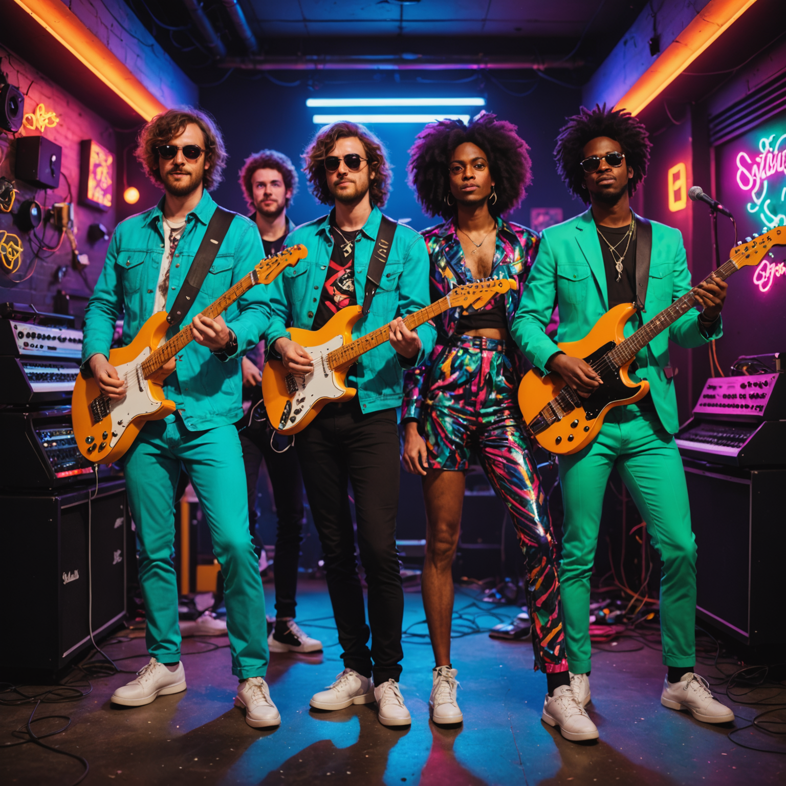 The Neon Riots band members in vibrant, colorful outfits, surrounded by electric guitars and synthesizers