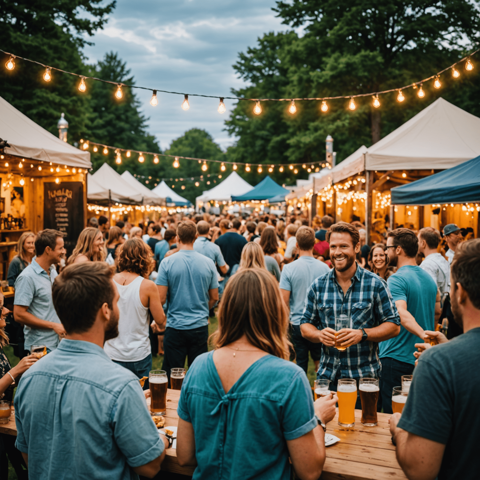 A bustling beer garden at RockLand Festival with craft beer stalls, string lights, and happy attendees toasting with colorful drinks