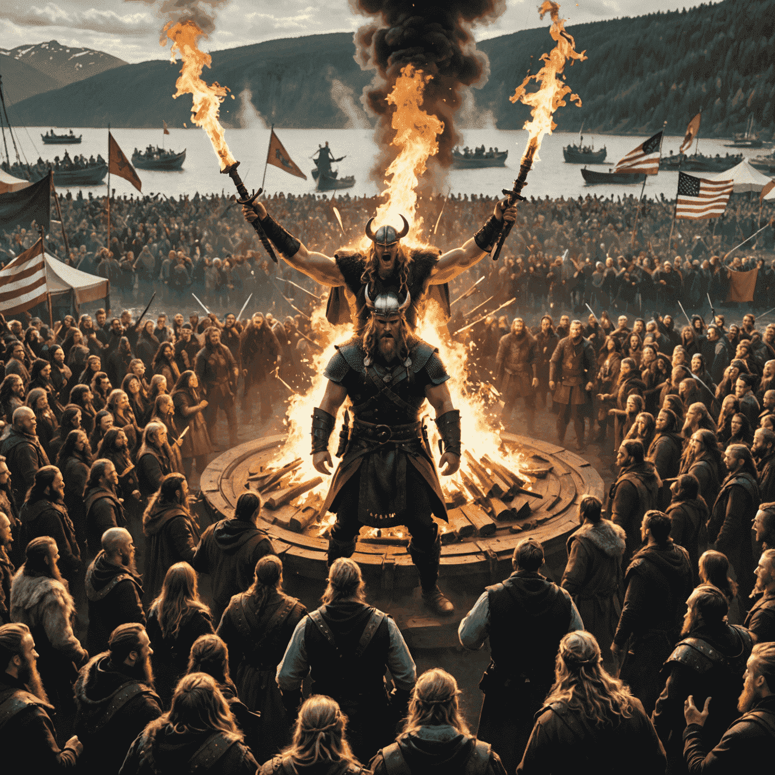 A high-energy shot of Fjord Fury on stage, with pyrotechnics and Viking-inspired costumes, as the American crowd forms a massive circle pit