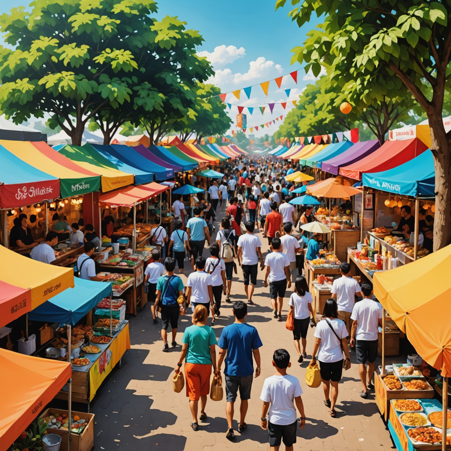 A vibrant scene of festival food stalls with gourmet dishes, colorful drinks, and people enjoying various activities like face painting and interactive art installations.