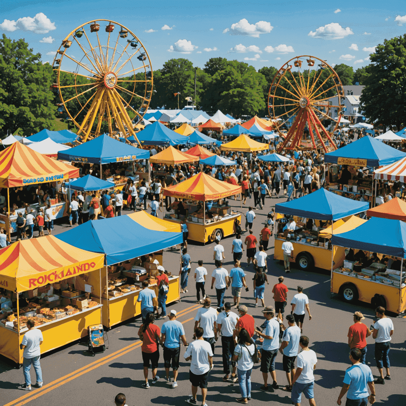 A vibrant scene of food stalls and carnival-like attractions at RockLand Festival, with people enjoying various cuisines and activities