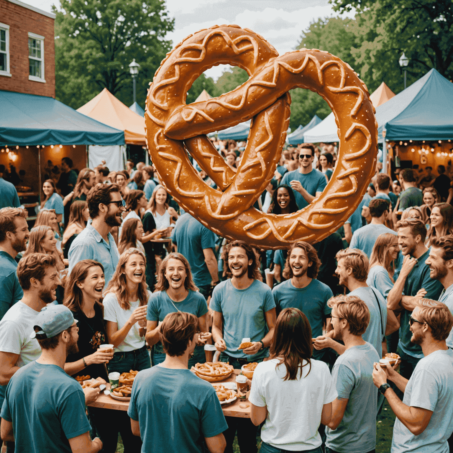 A lively scene of festival-goers enjoying food from various food trucks. In the foreground, a group of friends laughs while sharing a giant pretzel shaped like a guitar.