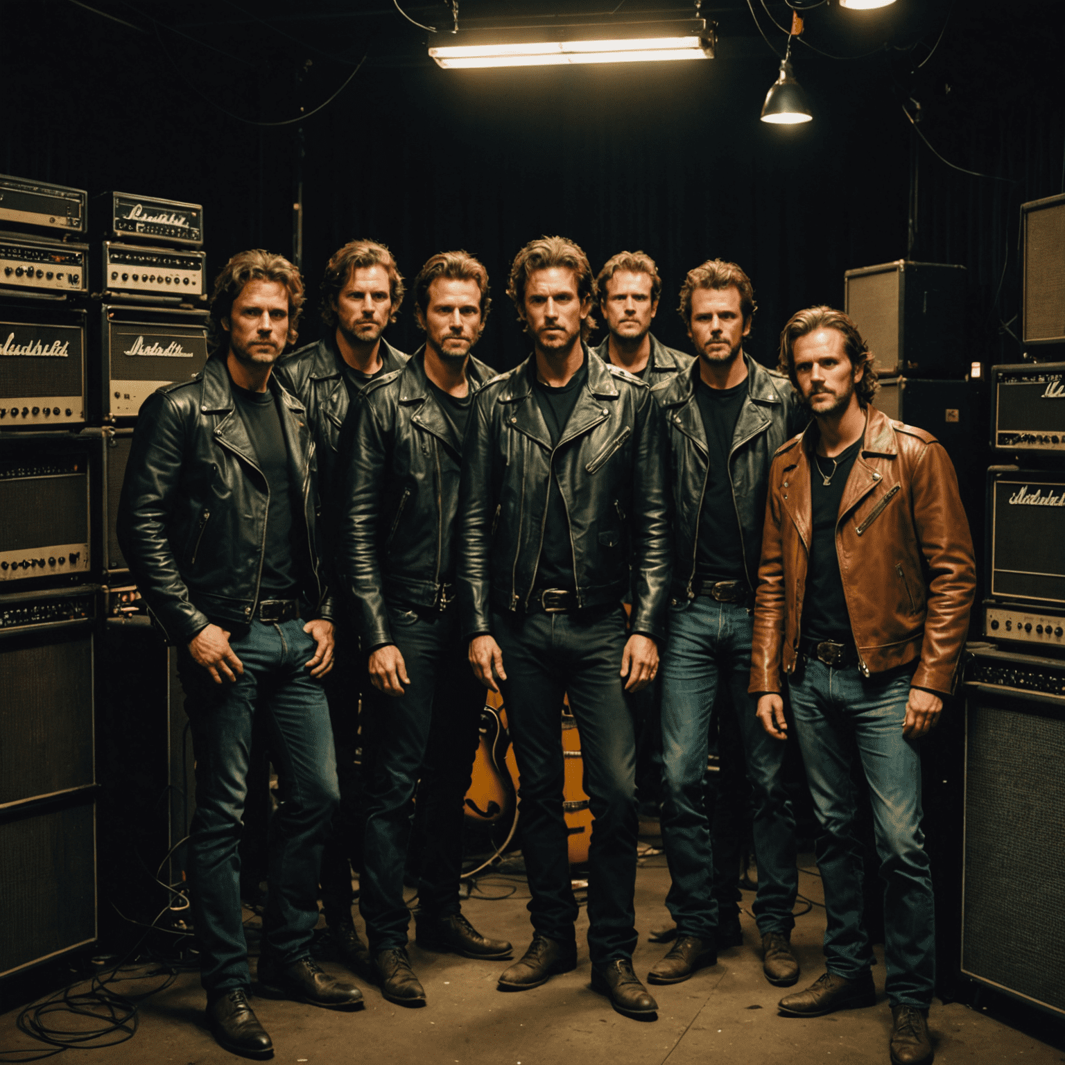 Midnight Mavericks in a dimly lit backstage area, surrounded by vintage amps and leather jackets