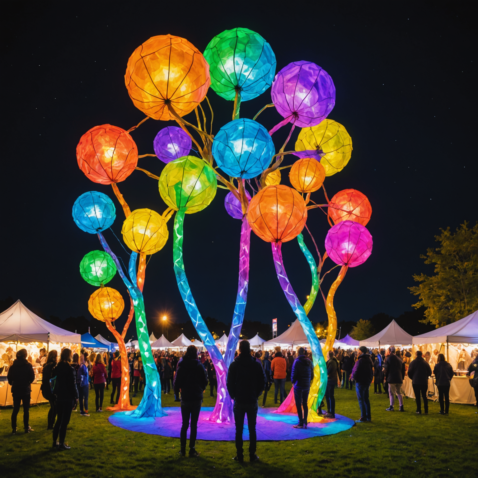 A colorful art installation at RockLand Festival with festival-goers interacting with large, illuminated sculptures against a night sky