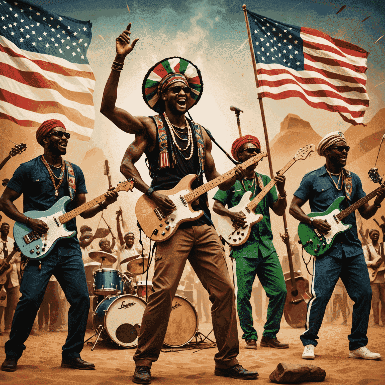 Sahara Storm performing on stage with traditional African instruments alongside electric guitars, with the American audience dancing and waving both Nigerian and US flags