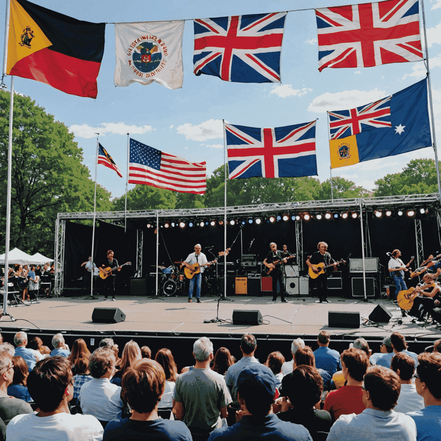 A montage of international artists performing on various stages at RockLand, with flags from different countries visible