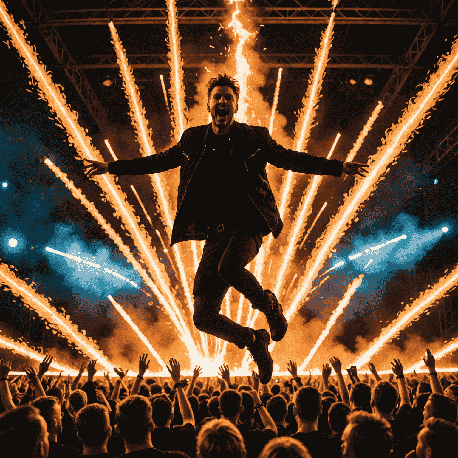 The festival's headlining act on stage with an incredible light show and pyrotechnics. The lead singer is mid-jump, silhouetted against a backdrop of flames and laser beams.