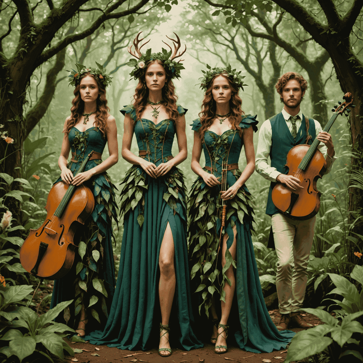 Echoes of Eden band members in ethereal, nature-inspired costumes, surrounded by lush greenery and musical instruments