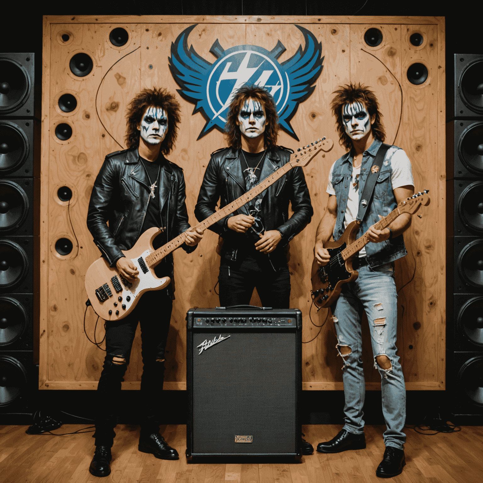 Thunder Struck band members with elaborate face paint, holding electric guitars and standing in front of a massive speaker wall